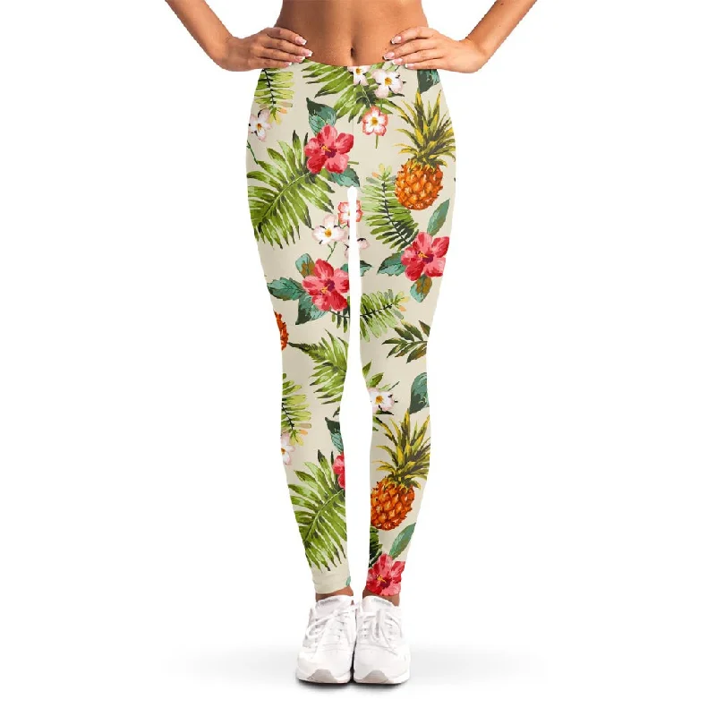 Extra Savings White Aloha Pineapple Pattern Print Women's Leggings