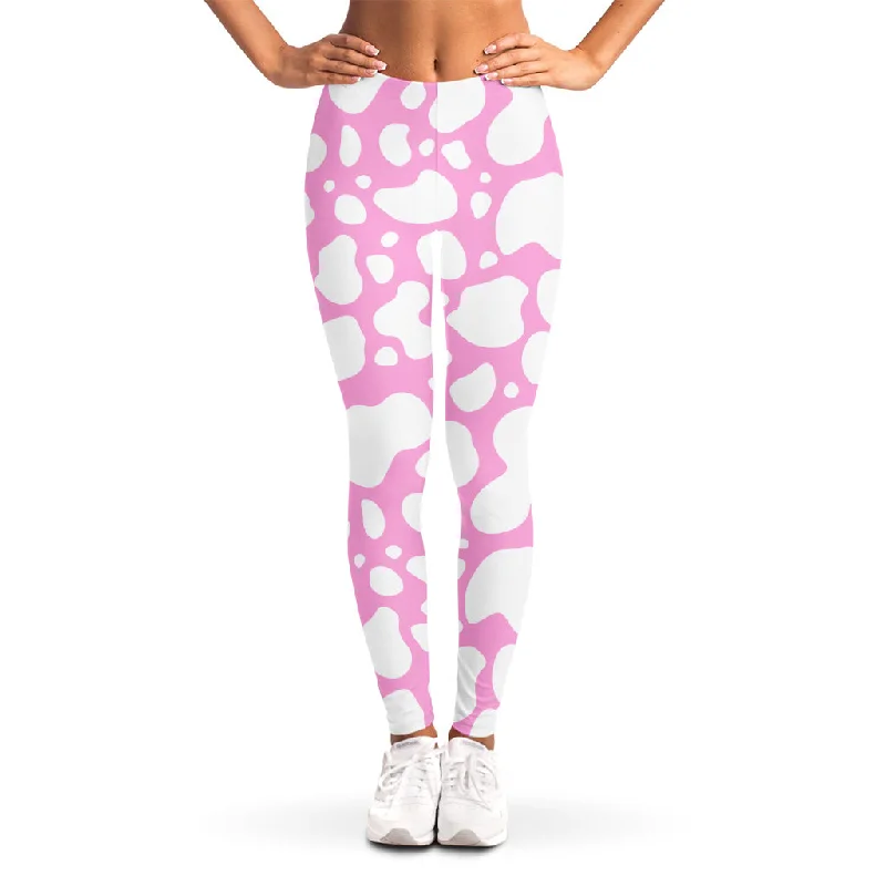 Overstock Sale White And Pink Cow Print Women's Leggings
