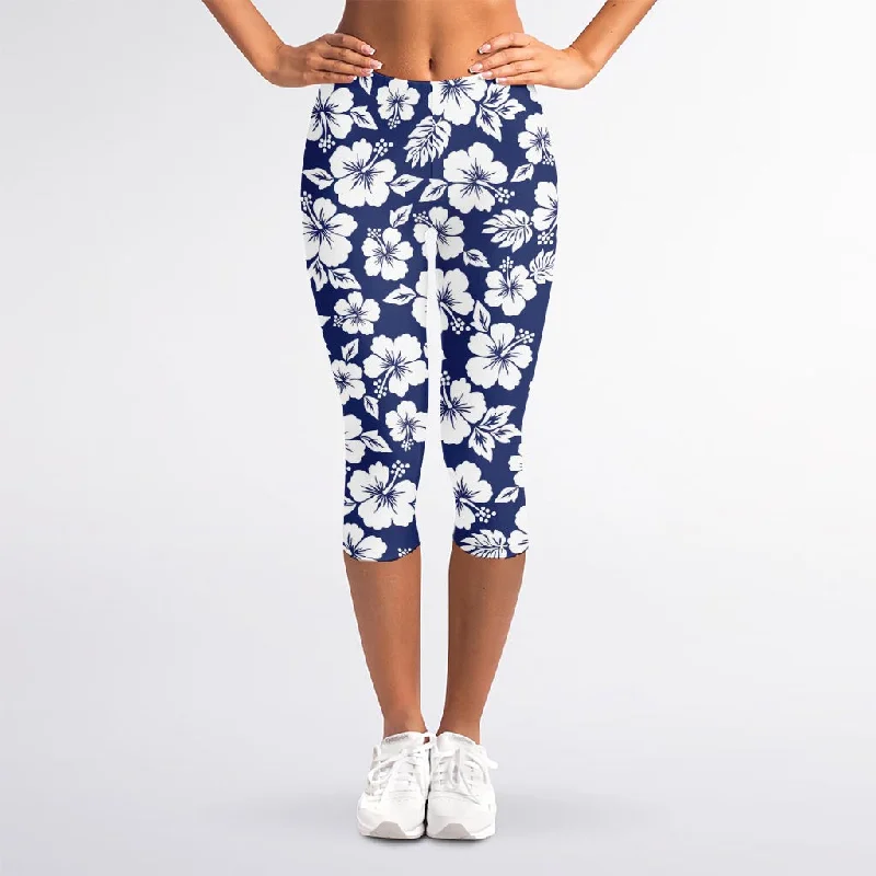 Must-Have Deals White Blue Hibiscus Floral Pattern Print Women's Capri Leggings