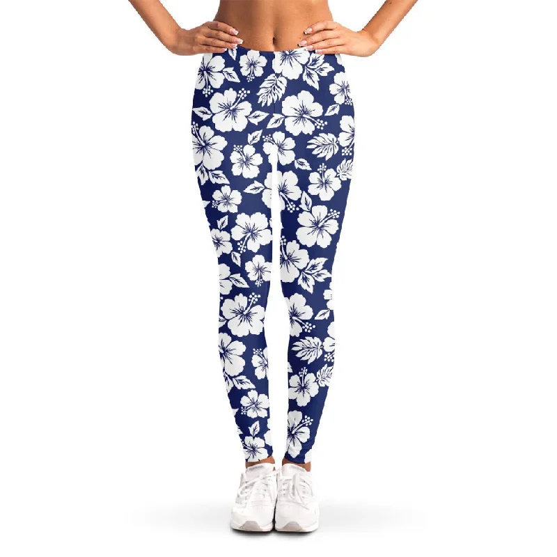 Epic Deals White Blue Hibiscus Floral Pattern Print Women's Leggings