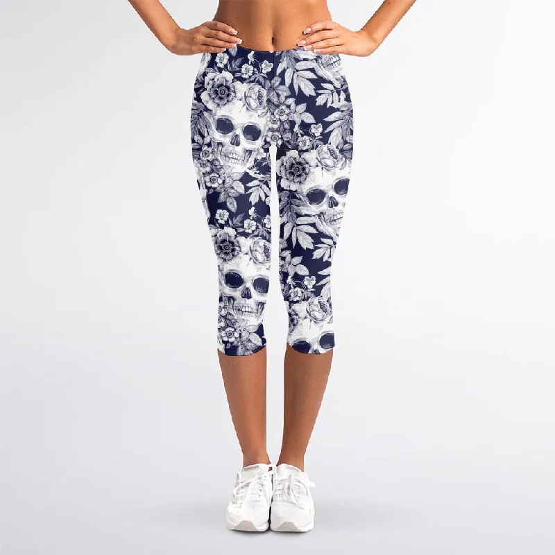 Lowest Prices White Blue Skull Floral Pattern Print Women's Capri Leggings