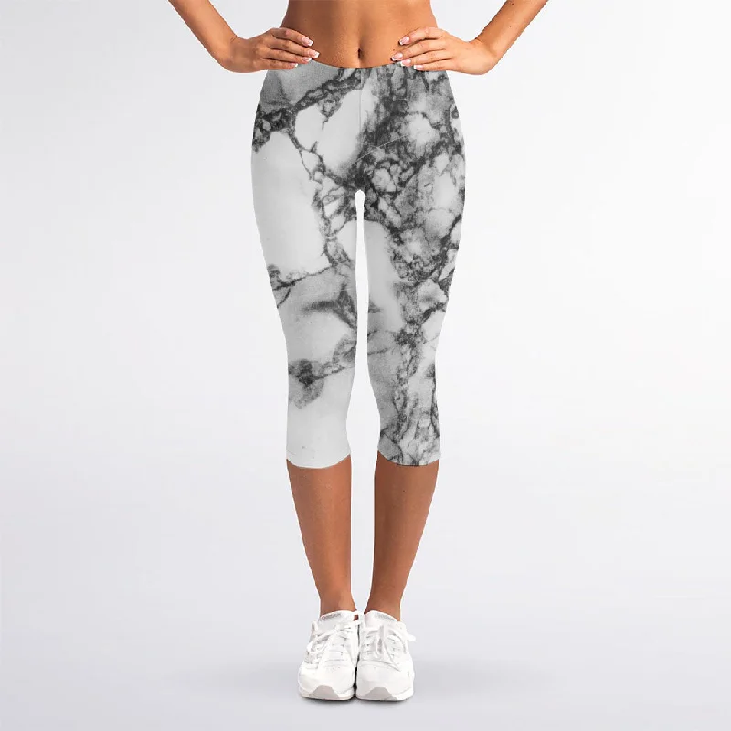 Don't Miss White Dark Grey Marble Print Women's Capri Leggings