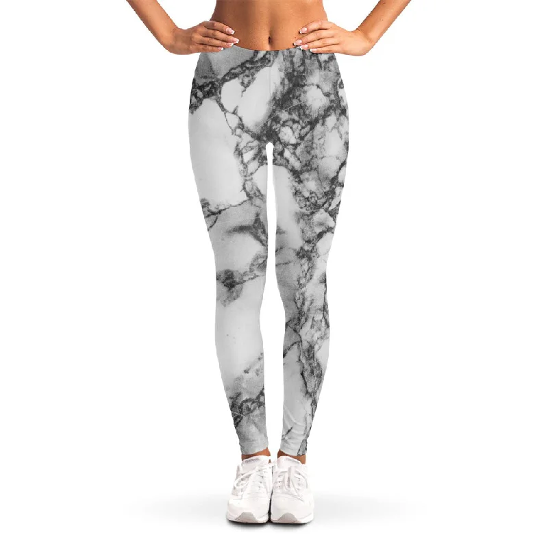 Best Bargains White Dark Grey Marble Print Women's Leggings