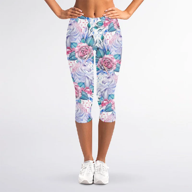 Daily Specials White Fairy Rose Unicorn Pattern Print Women's Capri Leggings