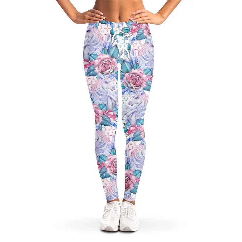 Act Fast White Fairy Rose Unicorn Pattern Print Women's Leggings