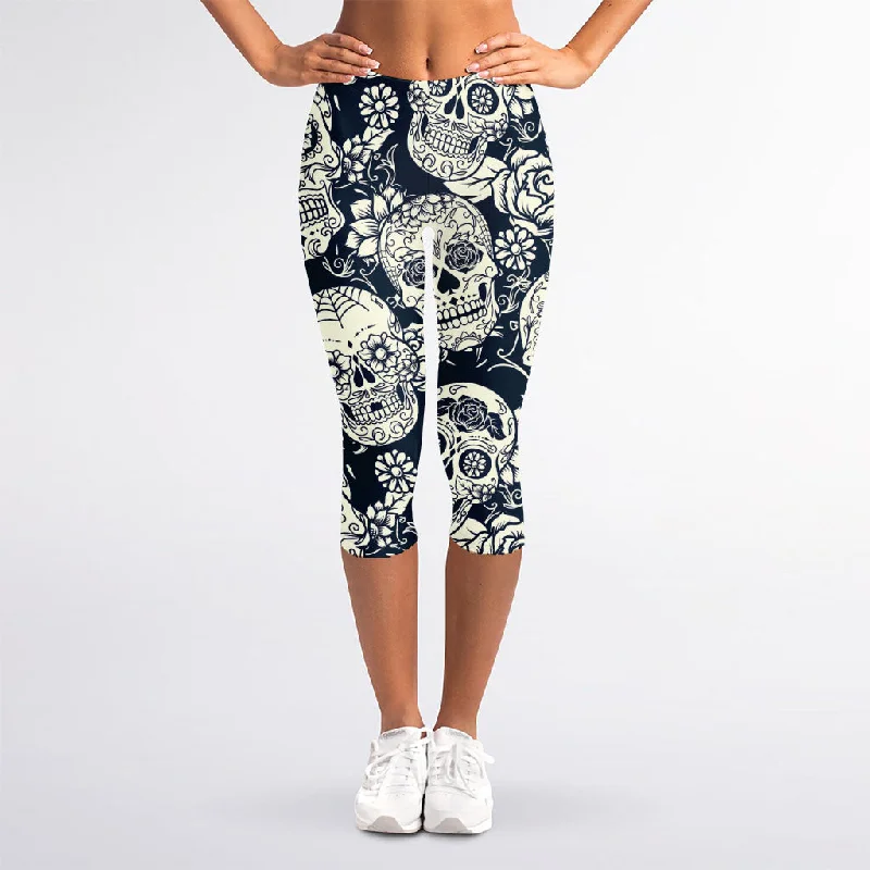Can't Be Beat White Floral Sugar Skull Pattern Print Women's Capri Leggings