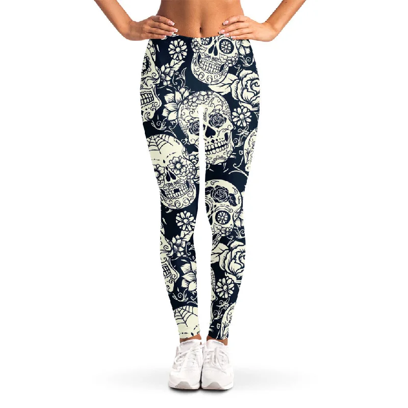 Special Savings White Floral Sugar Skull Pattern Print Women's Leggings