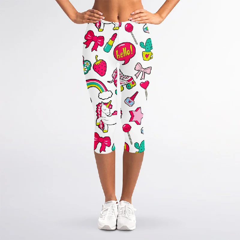 Blowout Deals White Girly Unicorn Pattern Print Women's Capri Leggings