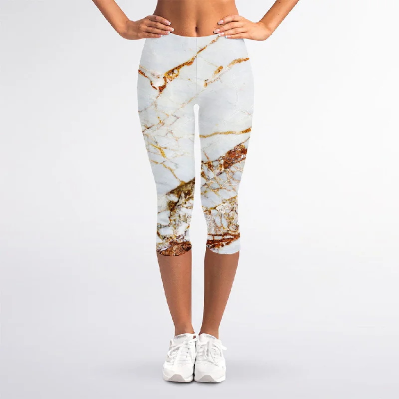 Act Now White Gold Grunge Marble Print Women's Capri Leggings