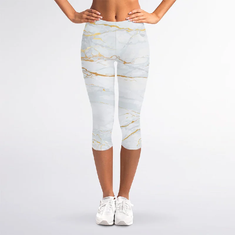 Unbeatable Prices White Gold Scratch Marble Print Women's Capri Leggings