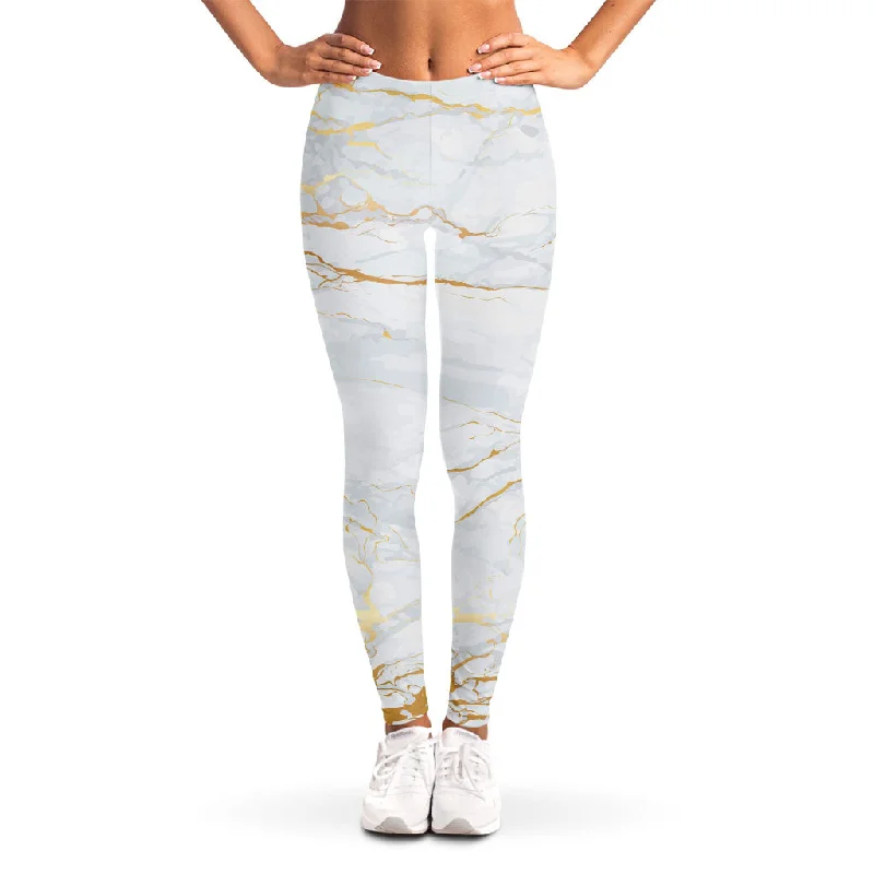 Flash Deals White Gold Scratch Marble Print Women's Leggings
