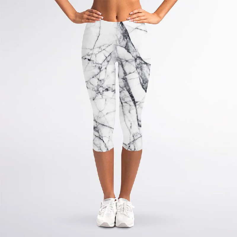 Super Deal White Gray Scratch Marble Print Women's Capri Leggings