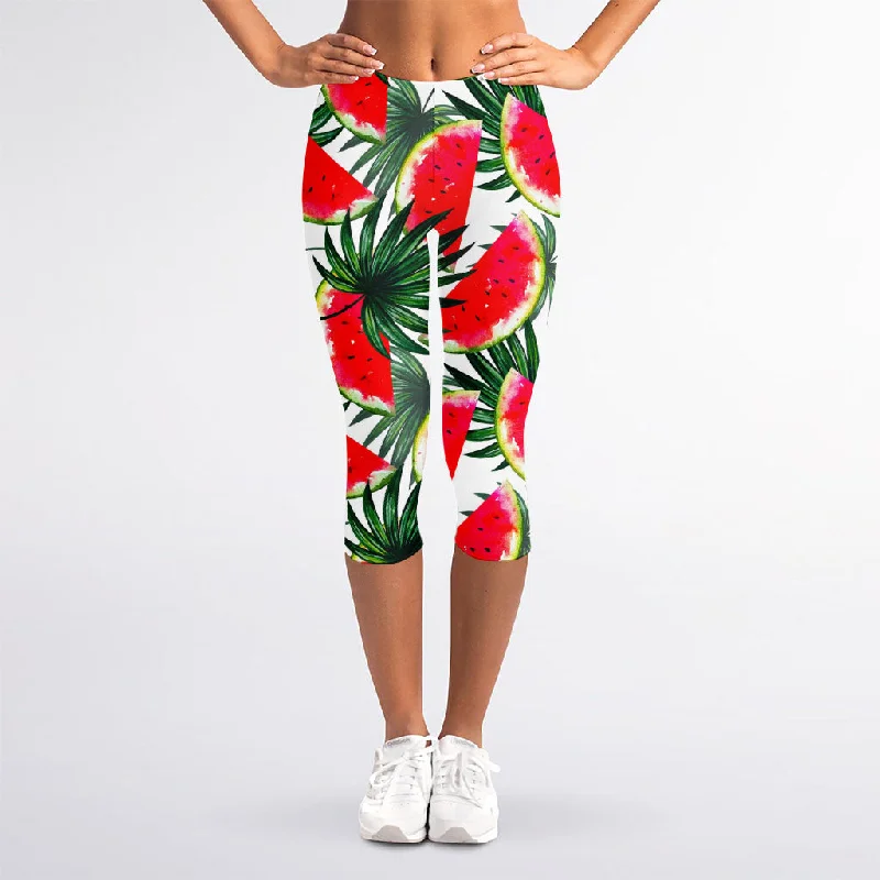 Reduced Prices White Palm Leaf Watermelon Pattern Print Women's Capri Leggings
