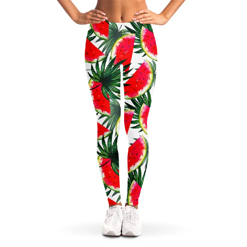 Buy More, Save More White Palm Leaf Watermelon Pattern Print Women's Leggings