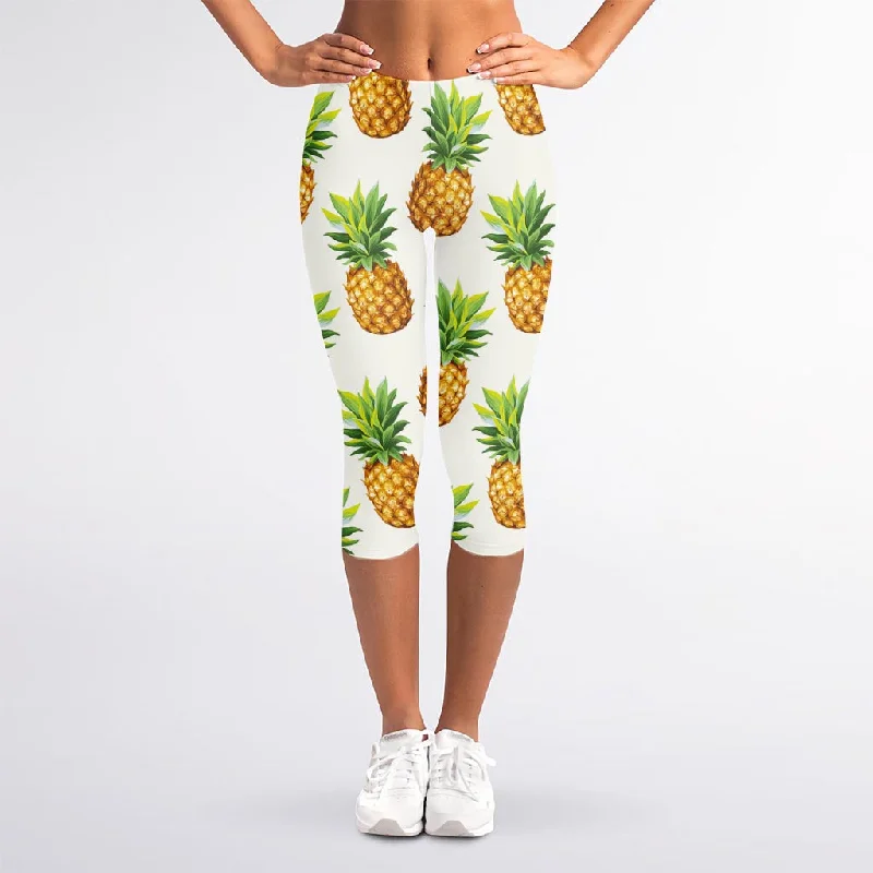 Price Reduction White Pineapple Pattern Print Women's Capri Leggings
