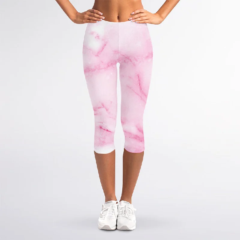 Online Only White Pink Marble Print Women's Capri Leggings