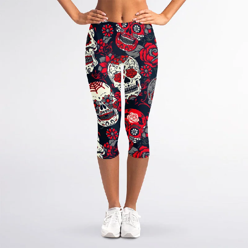 New Deals White Red Sugar Skull Pattern Print Women's Capri Leggings