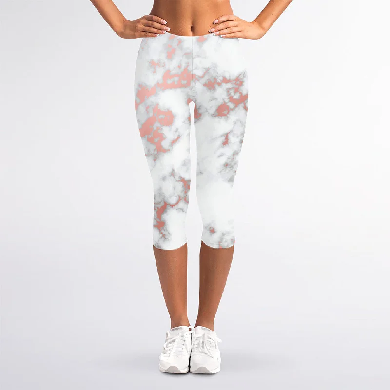 Massive Deals White Rose Gold Marble Print Women's Capri Leggings