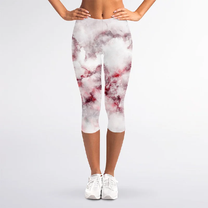 Lowest Price White Ruby Marble Print Women's Capri Leggings