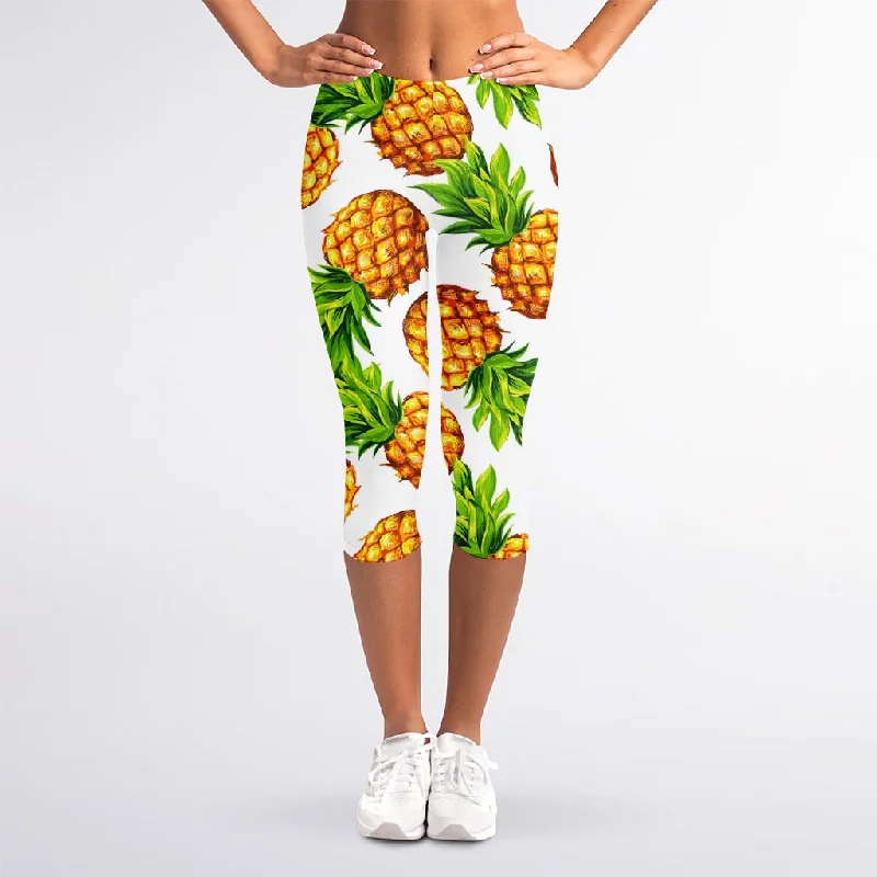 Huge Discounts White Summer Pineapple Pattern Print Women's Capri Leggings