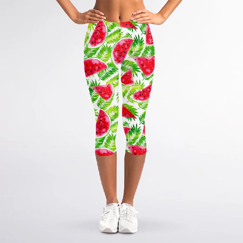 Final Clearance White Summer Watermelon Pattern Print Women's Capri Leggings