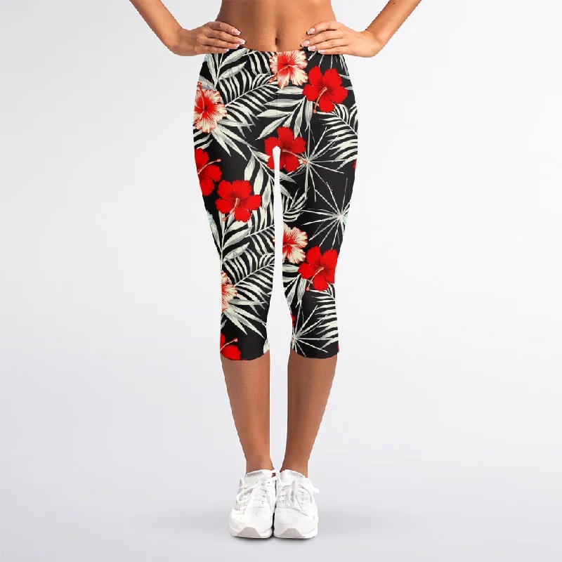 Exclusive Savings White Tropical Hibiscus Pattern Print Women's Capri Leggings