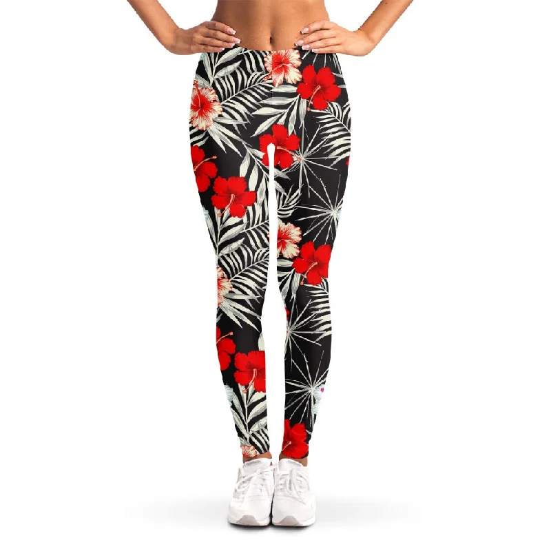 Special Price White Tropical Hibiscus Pattern Print Women's Leggings