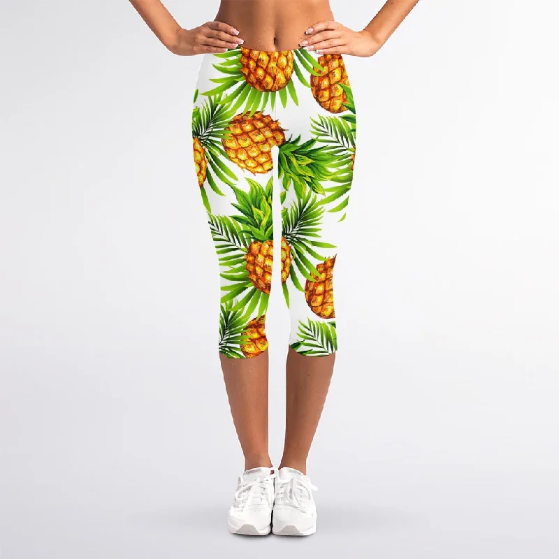 Don't Wait White Tropical Pineapple Pattern Print Women's Capri Leggings