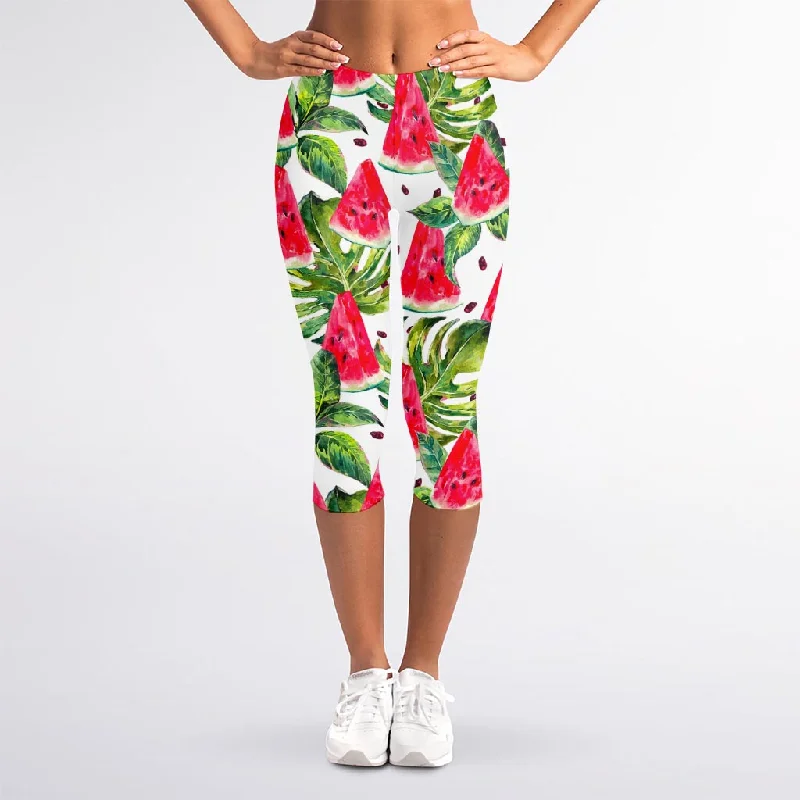 Deal Dash White Tropical Watermelon Pattern Print Women's Capri Leggings
