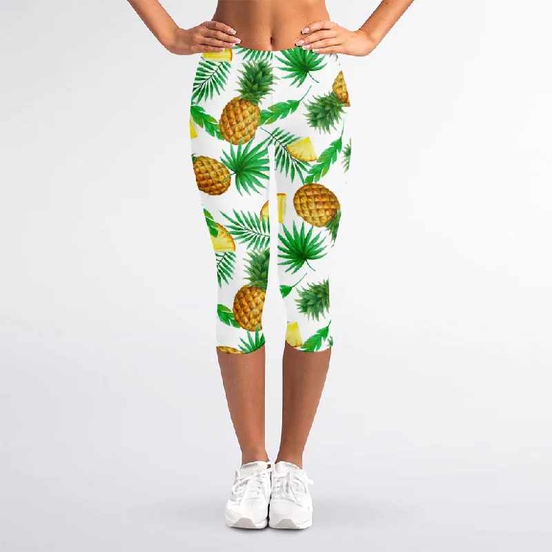 Closeout White Watercolor Pineapple Pattern Print Women's Capri Leggings