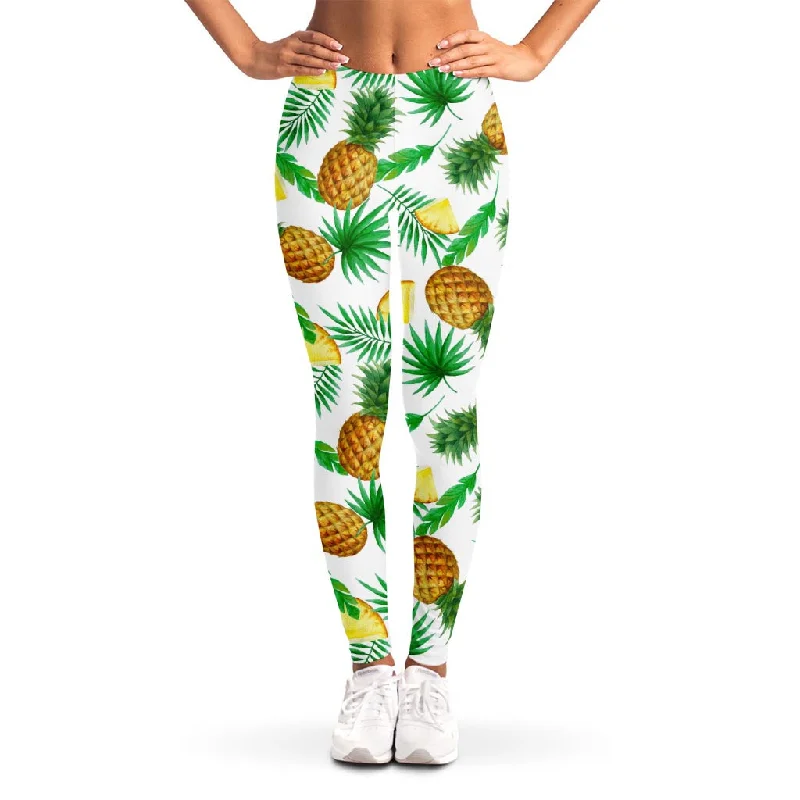 Price Cut White Watercolor Pineapple Pattern Print Women's Leggings