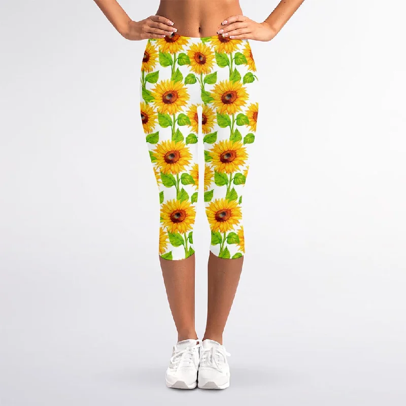 Buy Now White Watercolor Sunflower Pattern Print Women's Capri Leggings