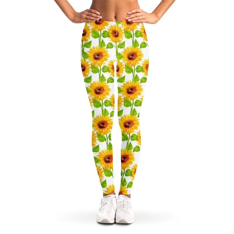 Now or Never White Watercolor Sunflower Pattern Print Women's Leggings