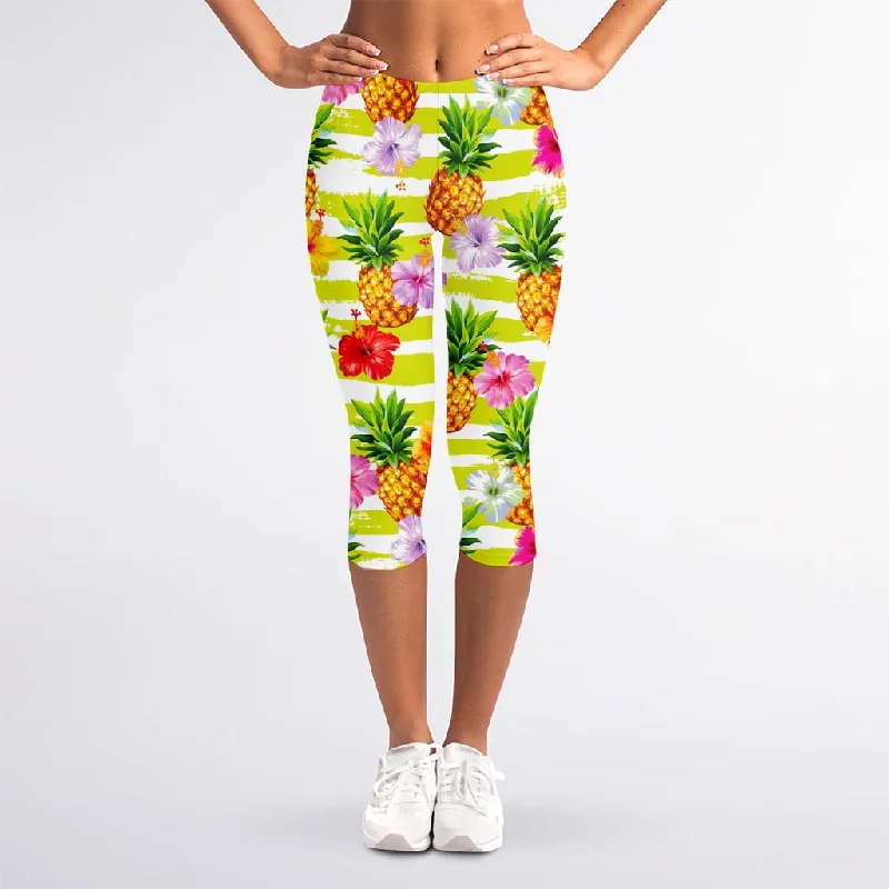 Factory Direct Sale Yellow Striped Pineapple Pattern Print Women's Capri Leggings