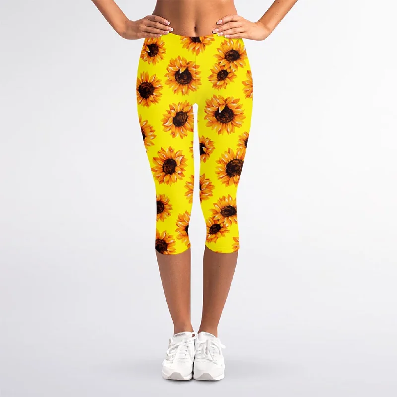 Blowout Sale Yellow Sunflower Pattern Print Women's Capri Leggings