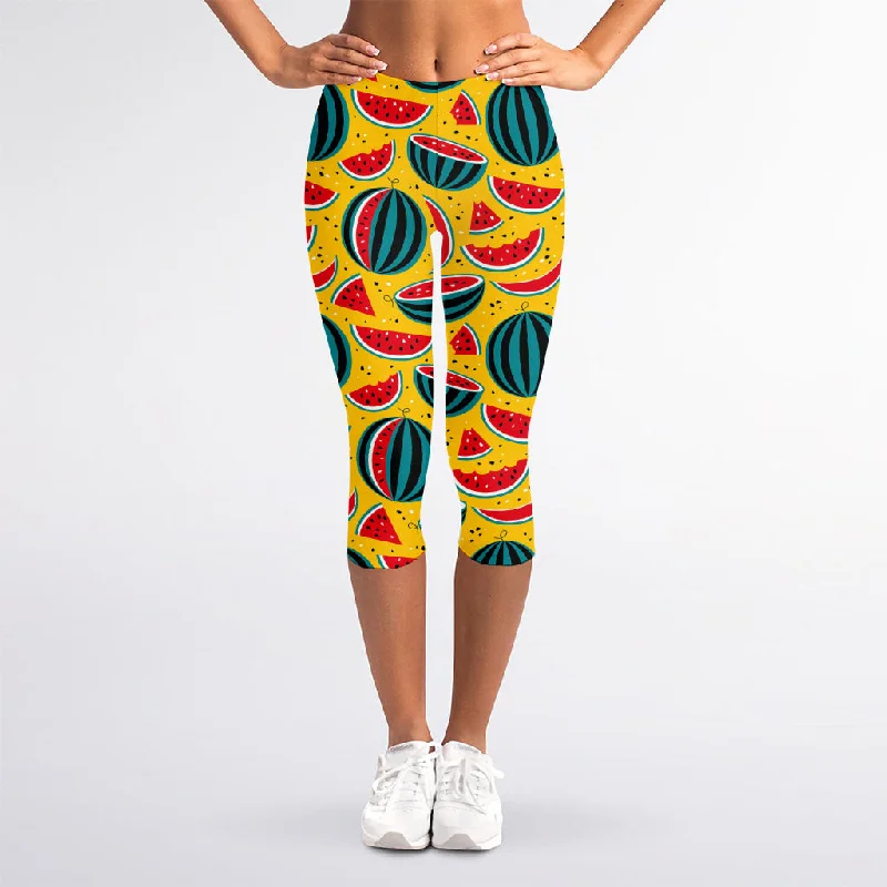 Referral Discount Yellow Watermelon Pieces Pattern Print Women's Capri Leggings
