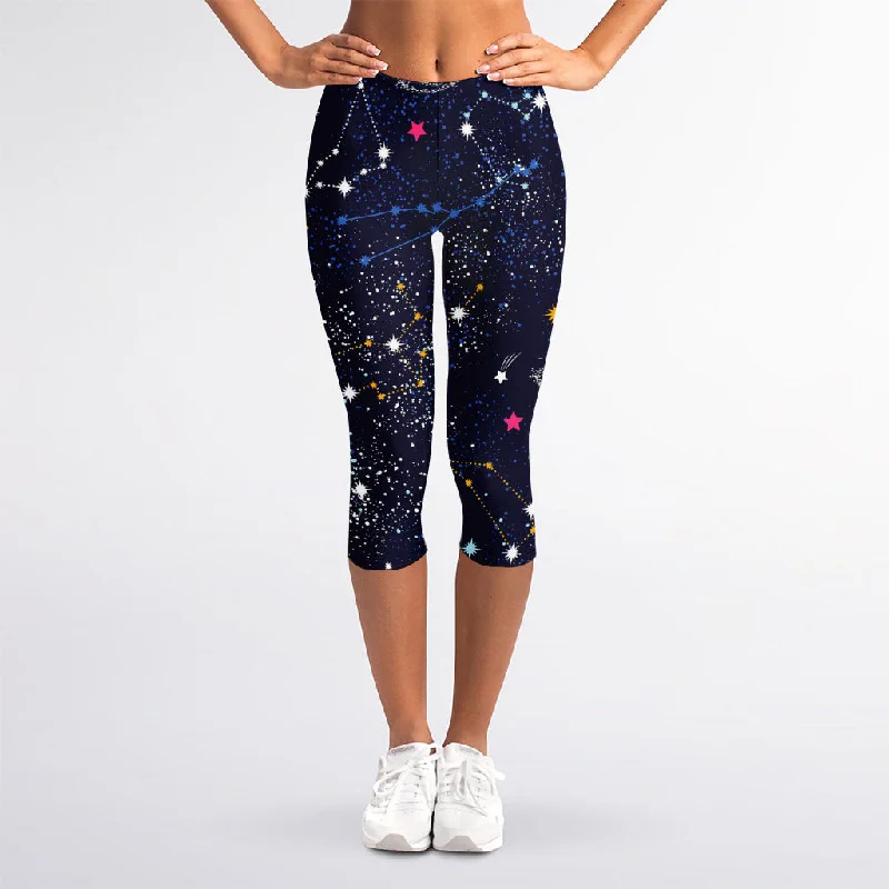 Act Now Zodiac Star Signs Galaxy Space Print Women's Capri Leggings