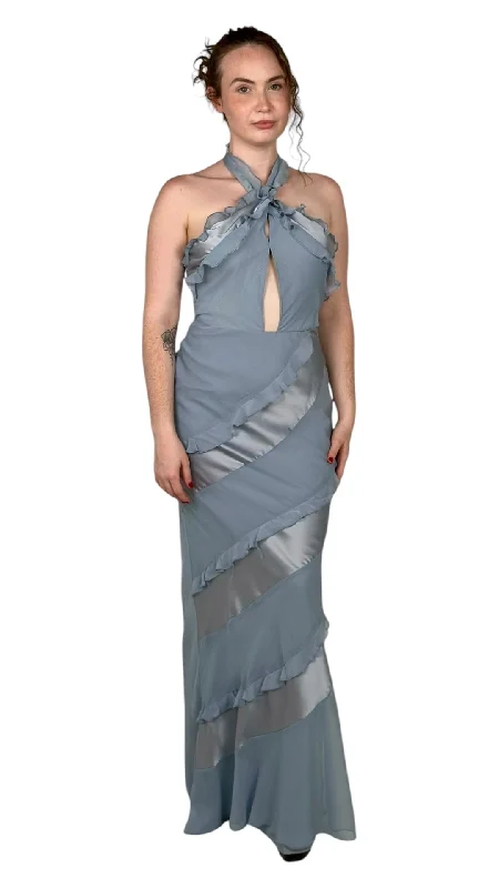 Deal Mania Blue Fringe Halter Maxi Dress