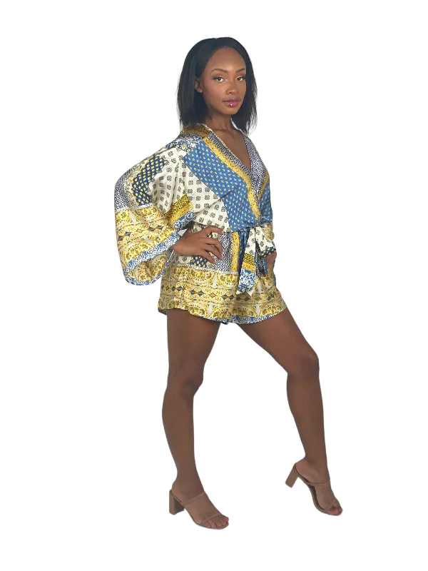 Blue And Gold Kimono Sleeve Romper