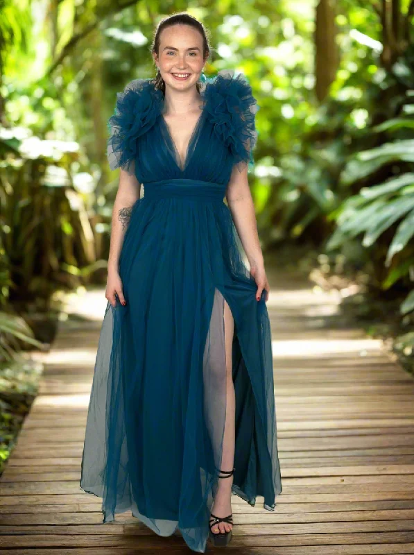 Price Break Blue Ruffle Sleeve Maxi Dress