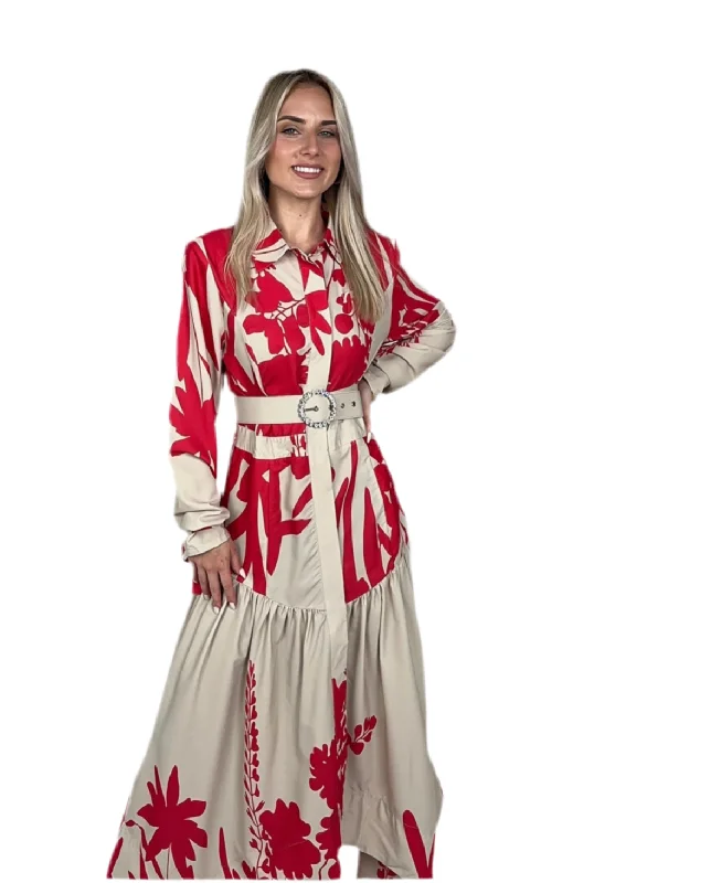 Super Sale Red Uneven Belted Maxi Dress
