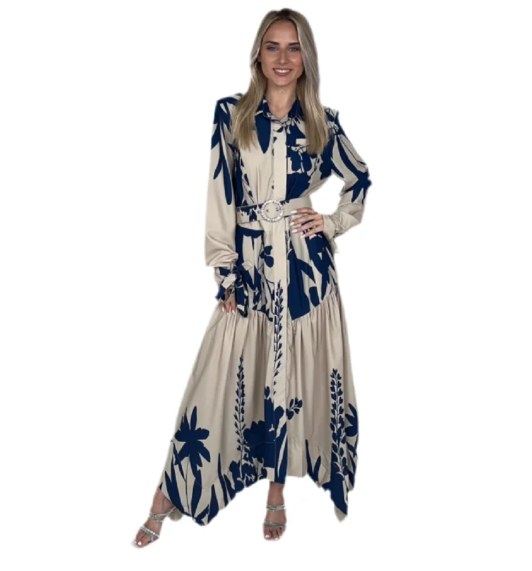Stock Clearance Blue Uneven Belted Maxi Dress