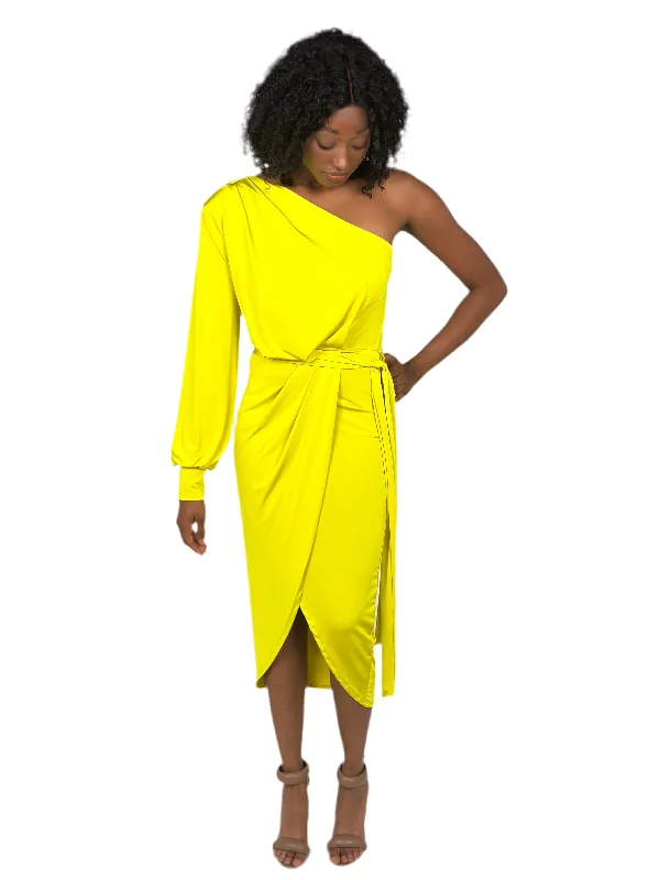 Clearance Event Chartreuse Green One Shoulder Midi Dress