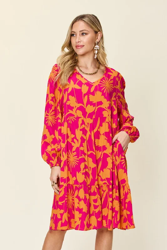 Act Now Journee Full Size Printed Ruffle Hem Long Sleeve Dress