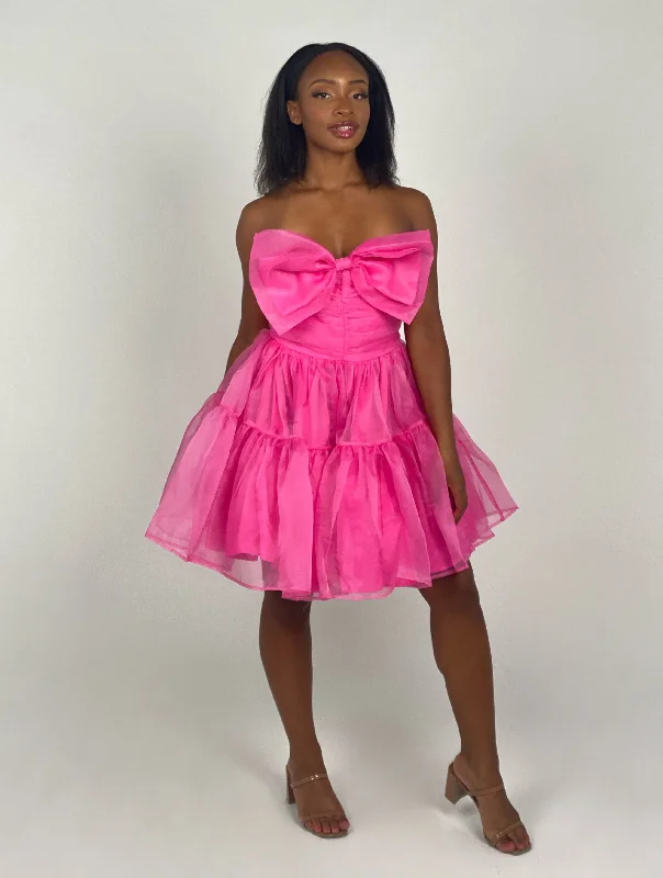 Fuchsia Organza Strapless Mini Dress