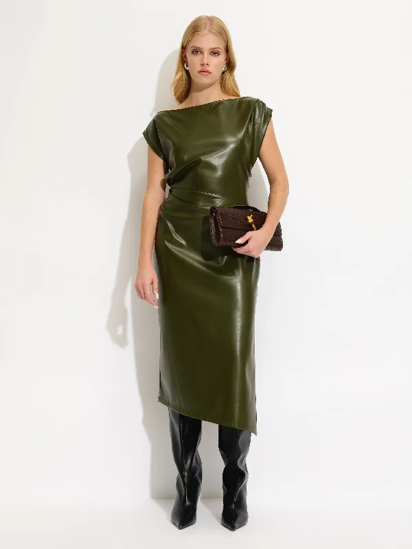 Gathered Vegan Leather Dress