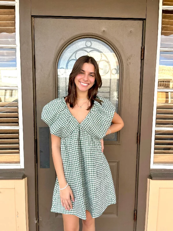 Green Gingham Dramatic Shoulder Dress