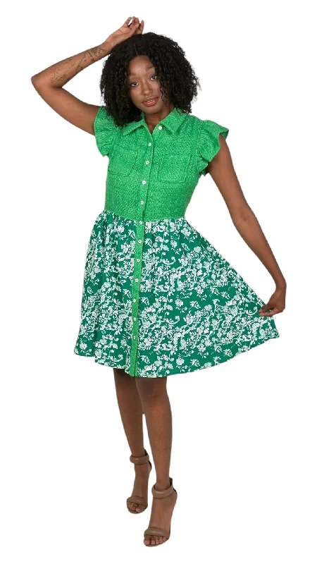 Super Sale Green Tweed Floral Print Mini Dress