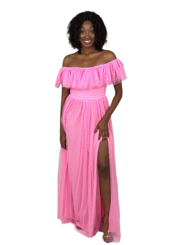 Daily Deals Pink Off Shoulder Ruffle Mesh Maxi Dress