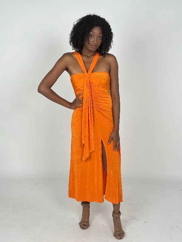 Price Buster Orange Off Shoulder Sleeveless Midi Dress